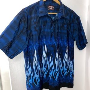 BLUE FLAMEZ BUTTON DOWN 90s Y2K